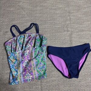 Girls' Floral Navy & Purple Two-Piece Swim Set